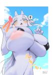  anthro areola big_breasts bikini bikini_top breasts bulging_breasts canid canine clothed clothing female fur hi_res huge_breasts kemono mammal nipple_outline nipple_slip nipples skimpy solo swimwear teramegagiga white_body white_fur 