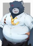  2021 angry anthro belly black_nose bottomwear clothing domestic_cat embrace felid feline felis hi_res hug hugging_from_behind kemono male mammal moob_grab necktie overweight overweight_male pants shirt solo_focus topwear trail_arnak 
