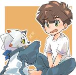  alternate_costume anthro bandai_namco bandanna blush brown_hair chibi clothing_swap digimon digimon_(species) digimon_ghost_game gammamon green_eyes hair hiro_amanokawa horn human kerchief male mammal radiospeed14 white_body yellow_eyes 