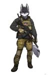  alpha_channel anthro black_body black_fur blue_eyes camo canid canine canis clothing digital_media_(artwork) domestic_dog erik_axelsson fur gloves gun handgun handwear hi_res holster hoodie husky knee_pads looking_at_viewer male mammal mk18 name_tag nordic_sled_dog pgm300 ranged_weapon rifle shaded siberian_husky simple_background solo spitz topwear transparent_background weapon 