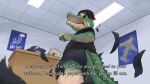  16:9 alligator alligatorid ambiguous_gender anthro ceiling_lights clothing crizbn crocodilian detailed_background duo english_text human human_to_anthro mammal mid_transformation poster reptile scalie signature species_transformation text torn_clothing transformation widescreen 