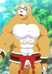  2021 anthro asian_clothing barazoku biped brown_body bulge canid canine clothing east_asian_clothing fundoshi genshin_impact guoba_(genshin_impact) hi_res humanoid_hands japanese_clothing kecom kemono male mammal muscular muscular_male raccoon_dog solo tanuki underwear video_games white_body white_clothing white_fundoshi white_underwear 