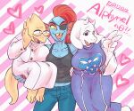  &lt;3 abstract_background alphys anthro anthro_on_anthro barefoot big_breasts blue_body blue_scales blush boss_monster bottomwear bovid breasts buckteeth caprine carrying_another carrying_partner claws cleavage clothed clothing coat colored_nails denim denim_clothing english_text eye_patch eyewear fangs feet female female/female fin fish front_view fully_clothed fur gesture glasses goat group hair hand_on_face head_fin hi_res horn japanese_text jeans lab_coat lizard looking_at_viewer mammal marine nails narrowed_eyes navel non-mammal_breasts on_one_leg open_mouth open_smile pants ponytail red_nails reptile robe romantic romantic_polycule scales scalie sharp_teeth shirt simple_background sitting smile standing tank_top teeth text thick_tail thick_thighs three-quarter_view topwear toriel trio undertale undertale_(series) undyne v_sign video_games waist_grab white_body white_fur wide_hips yellow_body yellow_scales yellow_sclera yuzuki_fang111 
