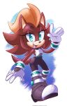  anthro auntymoira black_nose blue_eyes brown_body brown_fur clothing eyelashes female footwear fur gloves handwear hi_res hilda_the_hyena hildahyena hyaenid looking_at_viewer mammal sega simple_background solo sonic_the_hedgehog_(series) tight_clothing 