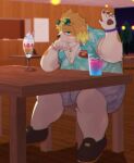  2021 anthro black_nose blue_eyes bottomwear brown_body canid canine canis clothing detailed_background domestic_dog food hi_res hisaki_(live-a-hero) hisashiyo_0705 humanoid_hands inside kemono lifewonders live-a-hero male mammal overweight overweight_male shirt shorts sitting solo topwear video_games 