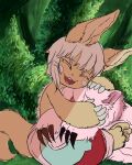  2020 4:5 ambiguous_gender anthro barefoot claws dated duo embrace eyes_closed feet green_background hair hi_res hug made_in_abyss mitty nanachi narehate omnii34 open_mouth open_smile simple_background sitting smile 
