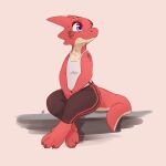  1:1 2021 anthro bottomwear clothed clothing female fully_clothed hi_res kaida_(louart) kobold louart pants purple_body red_eyes shirt signature sitting tank_top topwear 