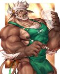  anthro apron bovid bovine cattle clothing facial_piercing genitals glass green_apron hi_res horn horn_jewelry horn_ring i_mean_breast_milk male mammal meme morris_(rabbity) muscular muscular_male nipples nose_piercing pecs penis piercing rabbity ring_(jewelry) solo vein veiny_muscles veiny_penis 