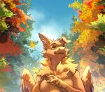  2021 anthro autumn blue_sky breasts cloud day detailed_background digital_media_(artwork) dragon feathered_wings feathers featureless_breasts female front_view fur furred_dragon leaf looking_up open_mouth outside plant reilukah shaded sky smile soft_shading solo teeth tree wings yellow_body yellow_ears yellow_fur 