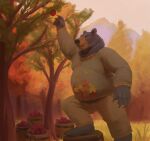  2021 anthro belly black_body bottomwear cariboops clothing food fruit hi_res humanoid_hands male mammal outside overweight overweight_male pants plant solo sweater topwear tree ursid 