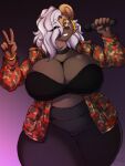  2019 absurd_res anthro big_breasts bracelet breasts brown_body brown_fur cleavage clothed clothing curvy_figure ear_piercing eye_through_hair eyebrow_through_hair eyebrows eyewear female fur gesture glasses hair hi_res holding_microphone holding_object huge_breasts hyaenid jewelry mammal microphone one_eye_closed piercing portrait silver_(ezukapizumu) smile solo spotted_hyena superix thick_thighs three-quarter_portrait translucent translucent_hair v_sign voluptuous white_hair wide_hips wink 