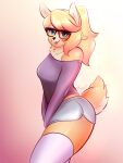 anthro applespicex blep blonde_hair bottomwear canid canine canis clothing countershading domestic_dog exposed_shoulders eyewear female glasses hair mammal ponytail shorts small_tail solo tongue tongue_out 