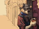  2021 5_fingers anthro beverage beverage_can blue_collar brown_body brown_fur canid canine clothed clothing coca-cola collar detailed_background fingers fur headgear headwear hi_res holding_beverage holding_object horn male mammal mawfulme outside solo topwear vending_machine 