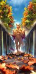  2021 anthro artist_name autumn biped blue_sky breasts cloud day detailed_background digital_media_(artwork) digitigrade dragon feathered_wings feathers featureless_breasts featureless_crotch female front_view fur furred_dragon hi_res leaf long_tail looking_up multicolored_tail multicolored_wings open_mouth outside plant railing reilukah shaded sky smile soft_shading solo standing teeth tree wings yellow_body yellow_ears yellow_fur 