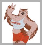  anthro avian big_breasts bird bottomwear breasts clothing crop_top curvy_figure edit eyes_closed female hi_res hooters hooters_uniform looking_at_viewer neracoda owl shirt shorts solo topwear 