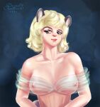  alternate_species anthro big_breasts billie_eilish blonde_hair breasts clothed clothing collarbone corset curvy_figure davenachaffinch dress erect_nipples female furrification gown hair hi_res humanoid lingerie nipples partially_clothed party solo topwear translucent translucent_clothing 