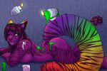  3:2 anthro candle candle_wax domestic_cat felid feline felis female fur hi_res kinktober mammal multicolored_tail purple_body purple_fur rainbow_tail solo temperature_play thatblackfox_(artist) wax wax_play 