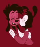  animaniacs anthro canid canine canis clothed clothing deadoutside disney domestic_dog duo eyes_closed gloves goof_troop handwear happy hi_res holding_person inkblot kissing kissing_cheek love male male/male mammal max_goof red_background simple_background smile sweater topwear warner_brothers yakko_warner 