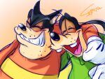  4:3 anthro black_nose canid canine canis clothed clothing disney domestic_cat domestic_dog duo eyes_closed felid feline felis freckles gloves goofy_(disney) handwear happy holding_person laugh love male mammal pete_(disney) simple_background smile stubble unknown_artist 