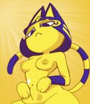  2021 abdominal_bulge absurd_res animal_crossing ankha_(animal_crossing) ankha_zone anthro blue_hair breasts domestic_cat dr._pizza_boi felid feline felis female fur hair hi_res looking_down mammal nintendo nipples solo video_games yellow_body yellow_fur 