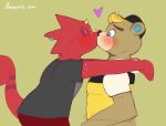  &lt;3 2021 animal_crossing anthro beaver bent_arm blush brownieclop c.j._(animal_crossing) chameleon clothed clothing dated digital_media_(artwork) duo extended_arms eyes_closed flick_(animal_crossing) hair hat headgear headwear hi_res horn kissing lizard male male/male mammal nintendo red_body reptile rodent romantic romantic_couple scalie shared_heart signature simple_background video_games year 