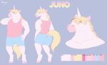  absurd_res anthro baggy_shorts bottomwear brownieclop bulge clothed clothing digital_media_(artwork) equid equine hi_res horn horse juno_(jojo) male mammal model_sheet muscular muscular_male pink_clothing pink_shirt pink_tank_top pink_topwear shirt simple_background standing tank_top topwear unicorn 