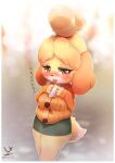  accessory animal_crossing anthro biped blush bottomwear brown_eyes canid canine canis clothing countershade_face countershade_fur countershading dipstick_tail domestic_dog eating eyelashes female floppy_ears fluffy fluffy_tail food fur hair hair_accessory hair_bun hairband half-closed_eyes hi_res isabelle_(animal_crossing) japanese_text looking_at_viewer mammal markings narrowed_eyes nintendo open_mouth orange_body orange_fur orange_hair pencil_skirt shih_tzu skirt solo standing sweater tail_markings teeth text topwear toy_dog usssar12 video_games white_body white_fur 
