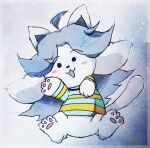  atarime12321 blush canid canine clothed clothing felid feline feral fur hair mammal open_mouth simple_background smile tem temmie_(undertale) topwear undertale undertale_(series) video_games white_body white_fur 
