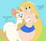  2021 absurd_res adventure_time anthro areola bare_breasts bent_over big_areola big_breasts big_butt blonde_hair bottomwear breast_grab breast_squish breasts butt cake_the_cat cartoon_network clothed clothing covering covering_breasts curvy_figure dialogue digital_media_(artwork) domestic_cat dot_eyes duo english_text eyelashes felid feline felis female fingers fionna_the_human fur hair hand_on_breast hands_behind_head hi_res hourglass_figure huge_breasts huge_butt human long_hair mammal multicolored_body multicolored_fur navel nipples nr_ac nude outside pupils shorts simple_background slit_pupils smile squish tan_body tan_fur tan_skin text thick_thighs tongue topless topless_female topless_human two_tone_body two_tone_fur voluptuous white_body white_fur wide_hips 