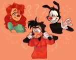 &lt;3 ? animaniacs anthro bisexual black_eyes blush blush_lines bodily_fluids canid canine canis clothed clothing confusion disney domestic_dog ear_piercing ear_pull ear_ring eyelashes female gloves goof_troop grin group hair hands_on_ears hands_on_own_ears handwear hi_res holding_ears imagination inkblot long_hair looking_at_another looking_at_viewer male male/female male/male mammal max_goof orange_hair piercing red_nose roxanne_(goof_troop) shirt smile sweat sweatdrop thesunpapaya topwear warner_brothers yakko_warner 