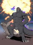  2021 absurd_res anthro badcoyote balls black_body claws digital_media_(artwork) erection explosion foreskin genitals godzilla godzilla_(series) hi_res humanoid_genitalia humanoid_penis kaiju male muscular muscular_anthro muscular_male penis solo toho 