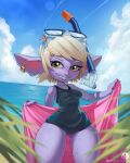  4:5 belly big_ears blonde_hair breasts butt_from_the_front clothing cute_fangs ear_piercing eyewear female goggles hair hi_res huge_hips huge_thighs humanoid humanoid_pointy_ears kokoni league_of_legends not_furry one-piece_swimsuit piercing presenting riot_games short_stack small_breasts smile snorkel solo swimwear thick_thighs tristana_(lol) video_games water wet white_hair wide_hips yordle 
