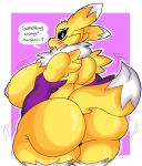  anthro bandai_namco big_breasts big_butt blush breasts butt dialogue digimon digimon_(species) female fur hi_res huge_breasts huge_butt lewd_dorky nipples renamon solo thick_thighs yellow_body yellow_fur 