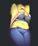  5:6 absurd_res alexander_bite alphys anthro belly big_breasts blue_eyes bottomwear bra breasts buckteeth chubby_anthro chubby_female cleavage clothed clothing deep_navel denim denim_clothing eyewear female front_view glasses hands_behind_head hi_res jeans lizard looking_at_viewer looking_down looking_down_at_viewer low-angle_view navel non-mammal_breasts open_mouth open_smile pants partially_clothed portrait presenting presenting_breasts raised_clothing raised_shirt raised_topwear reptile scales scalie shirt simple_background slightly_chubby smile solo standing teeth thick_thighs three-quarter_portrait three-quarter_view tight_bottomwear tight_clothing tight_jeans tight_pants topwear undertale undertale_(series) underwear video_games yellow_body yellow_scales 
