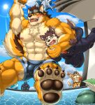  anthro barrel_(live-a-hero) bottomwear bulge butt canid canine canis clothing dog_operator domestic_dog felid furlong_(live-a-hero) gapao0520 group hi_res hyaenid jumping lifewonders live-a-hero male male/male mammal mokdai muscular muscular_anthro muscular_male necktie nipples pantherine pawpads pecs poolside protagonist_(live-a-hero) ryekie_(live-a-hero) screaming shorts suit swimming tiger video_games wolf 