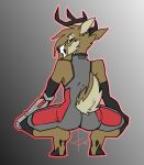  anthro antlers armwear butt cervid cervine clothing cybernetic_arm cybernetic_limb cybernetics elbow_gloves gloves handwear hooves horn hot_milk_pose looking_at_viewer looking_back machine male mammal meme pose raised_tail red_(topazknight) solo tight_clothing topazknight 
