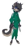  2021 absurd_res anthro blue_sclera canid canine canis clothing cosplay dagger dual_wielding female hi_res holding_object holding_weapon lenyavok mammal melee_weapon oriana_thaffer simple_background solo squid_game tracksuit weapon white_background wolf 