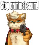  ambiguous_gender anthro anthrofied black_body black_fur black_nose english_text fluffy fur green_eyes growlithe gun handgun hi_res impact_(font) inner_ear_fluff looking_at_viewer meme murzikteijiro nintendo orange_body orange_fur pistol pok&eacute;mon pok&eacute;mon_(species) pok&eacute;morph ranged_weapon scarf simple_background solo tanashi text threatening tuft video_games warning weapon white_background yellow_body yellow_fur 