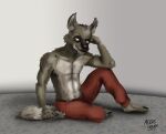  aleks_howes anthro athletic athletic_anthro athletic_male beastars bottomwear brown_body brown_fur canid canine canis cheek_tuft clawed_fingers clawed_toes clothed clothing coyote durham_(beastars) facial_markings facial_tuft fangs fur hand_on_head head_markings head_tuft hi_res holding_tail male mammal markings multicolored_body multicolored_fur pants partially_clothed red_bottomwear red_clothing red_pants simple_background sitting solo tuft two_tone_body two_tone_fur 
