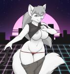  2021 5_fingers anthro areola belt big_breasts bottomwear breasts canid canine canis claws clothed clothing clothing_lift coltron20 digital_media_(artwork) female finger_claws fingers fur grey_eyes grey_nose hair hexteknik hi_res humanoid_hands inora_weissklaue long_hair looking_at_viewer mammal navel one_eye_closed panties pants pants_down partially_clothed shirt shirt_lift shirt_up silver_hair smile solo synthwave teeth topwear underwear vaporwave white_body white_fur wolf 