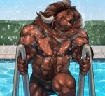  2021 5_fingers abs anthro bison body_hair bovid bovine brown_body brown_fur bulge clothed clothing digital_media_(artwork) eyes_closed fingers fur hairy happy_trail horn humanoid_hands male mammal marsel-defender muscular muscular_anthro muscular_male nipples outside pecs shaking smile solo speedo swimming_pool swimwear topless topless_male water wet wet_body wet_fur 