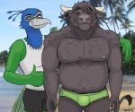  6:5 anthro avian beach bird bottomwear bovid bovine cattle clothing duo european_mythology eyes_closed front_view fur fur_tuft galliform gesture greek_mythology horn hover_hand male male/male mammal minotaur minotaur_hotel musclegut muscular muscular_male mythology nanoff nipples p_(minotaur_hotel) peafowl phasianid seaside shirt shirtless shirtless_male shorts size_difference smile smiling_at_viewer smug speedo storm_(minotaur_hotel) swimwear tank_top thumbs_up topwear tuft 