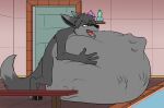  abdominal_bulge absurd_res anthro belly bench canid canine canis fur hi_res male male_pred mammal open_mouth pool_(disambiguation) sarek_aran_desian simple_background solo teeth tongue vore water wolf 