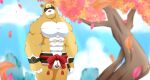  2021 anthro asian_clothing belly brown_body brown_fur canid canine chinese_clothing clothed clothing east_asian_clothing fundoshi fur genshin_impact guoba_(genshin_impact) hi_res japanese_clothing kecom male mammal moobs muscular muscular_male navel pawpads paws plant raccoon_dog red_leaves solo tanuki tattoo tree underwear underwear_only video_games white_belly 