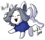  canid canine clothed clothing felid feline feral fur ghastlyrune hair mammal open_mouth smile tem temmie_(undertale) text topwear undertale undertale_(series) video_games white_body white_fur 
