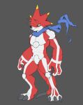 5oysauce anthro bandai_namco betelgammamon claws digimon digimon_ghost_game hi_res horn male muscular muscular_anthro muscular_male pecs red_body scarf solo standing yellow_eyes 
