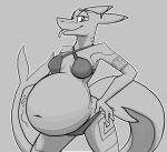  anthro belly big_belly bikini bikini_bottom bikini_top clothed clothing female female_pred fish gills looking_at_viewer marine monochrome navel partially_clothed rumbling_stomach shark solo swimwear tongue tongue_out topazknight vore 