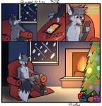  4_toes 5_fingers anthro black_nose brown_eyes canid canine cellphone chair christmas christmas_tree comic decoration dipstick_ears dipstick_tail english_text feet feet_up fingers fire fireplace fox fur furniture gift grey_body grey_fur hi_res holidays inside looking_outside male mammal markings multicolored_body multicolored_ears multicolored_fur pawpads phone plant recliner reclining sitting smartphone smile snow snowing snowing_outside solo sound_effects starrffax starrffax_(fox_sona) tail_markings text text_message toes tree two_tone_body two_tone_fur white_ear_tips 