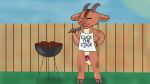  16:9 anthro apron apron_only balls beef bovid brown_body brown_fur caprine chastity_cage chastity_device clothing cooking eyes_closed fence food fur genitals goat grass grill hi_res horn male mammal meat mostly_nude ollie_(soggygoat) outside penis plant small_balls small_penis smile soggygoat solo steak text text_on_apron text_on_clothing widescreen 