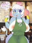  3:4 animal_crossing anthro apron apron_only areola big_breasts blush blush_stickers breasts chai_(animal_crossing) clothing container cup dialogue digital_media_(artwork) elephant elephantid english_text female fingers green_apron hi_res hooved_fingers hooves i_mean_breast_milk looking_at_viewer mammal marker meme mostly_nude nintendo nipple_slip nipples pink_areola pink_nipples proboscidean sanrio shaded solo tail_tuft tea_cup text tuft vestalover69 video_games 